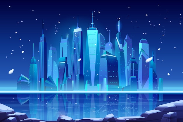 Ночной неоновый зимний город на замерзшей бухте.