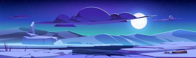 Free vector night north pole vector landscape with full moon in sky cartoon dark arctic illustration with frozen water and cloud freeze lake and snowy hill outdoor antarctica environment for web banner