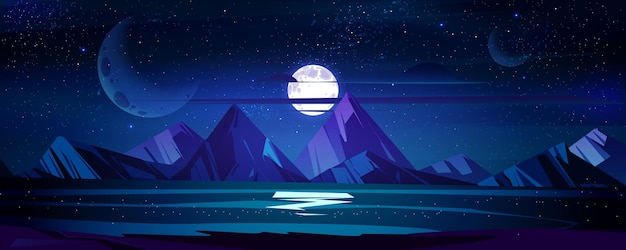 Free vector night ocean landscape full moon and stars shine