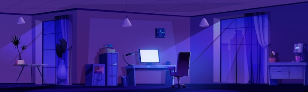 Interno dell'ufficio notturno con vista sul paesaggio cittadino nella finestra illustrazione cartone animato vettoriale di una grande stanza buia con display per computer su scrivania cassetti per poltrone con documenti macchina da caffè spazio di lavoro moderno