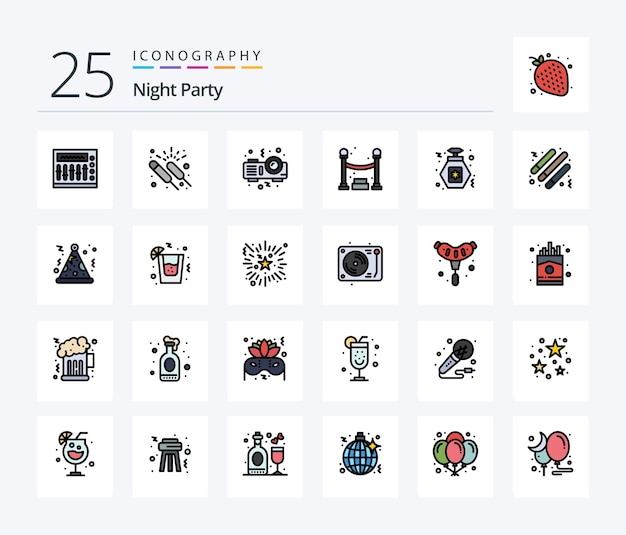 Night Party 25 Line Filled icon pack including party perfume night party queue