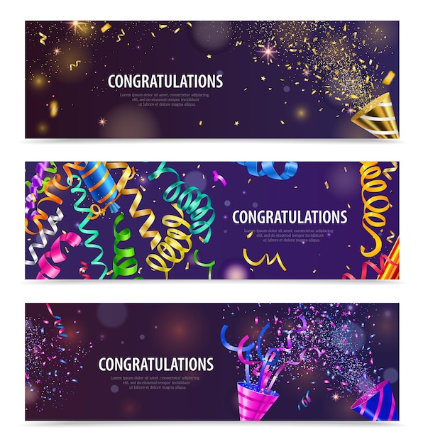 Night party celebrations popper serpentine confetti horizontal congratulation header template