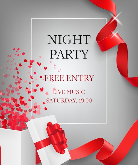 Night party lettering with open gift box