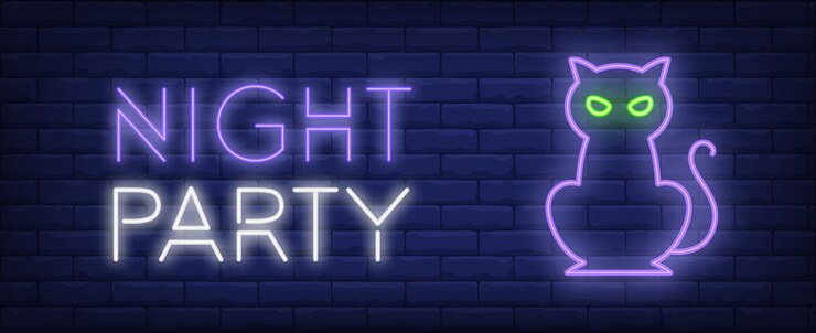 Free Vector night party neon style banner. cat on brick background. halloween, party, night event