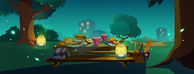 Free vector night picnic in city park contemporary vector illustration of outdoor dinner on table in public garden with candles meal basket fresh fruit cheese and bread fireflies in air cityscape view