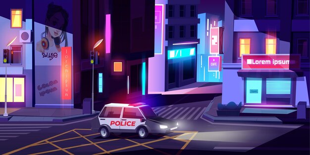 Night police patrol department car with signaling riding empty city street with buildings, glowing neon signboards, road crosswalk and traffic lights