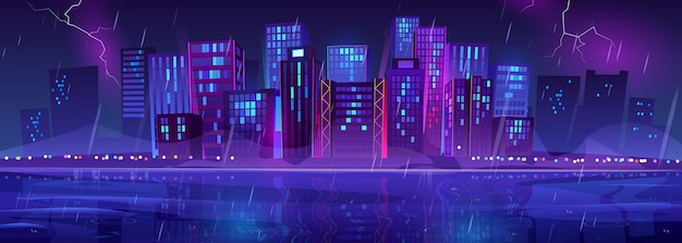 Free vector night rainy city skyline view on sea shore or bank