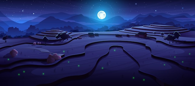 Night rice field terraces at asian mountains landscape with paddy plantation cascades chinese agricultural farm under dark starry sky with full moon and glowing fireflies cartoon vector illustration