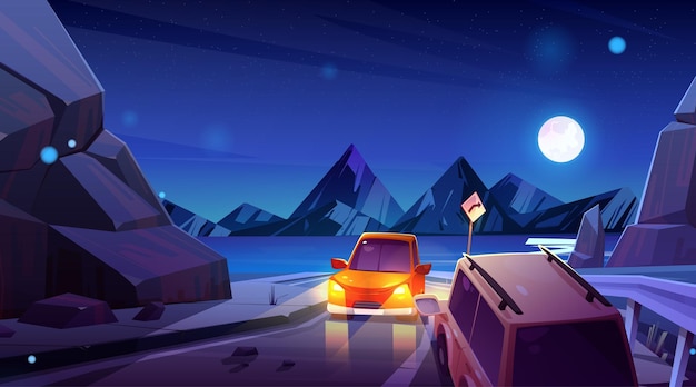 Free vector night road car vector mountain nature landscape background illustration moon in sky near cartoon lake horizon moonlight roadway journey horizontal wallpaper with rock and turn sign environment