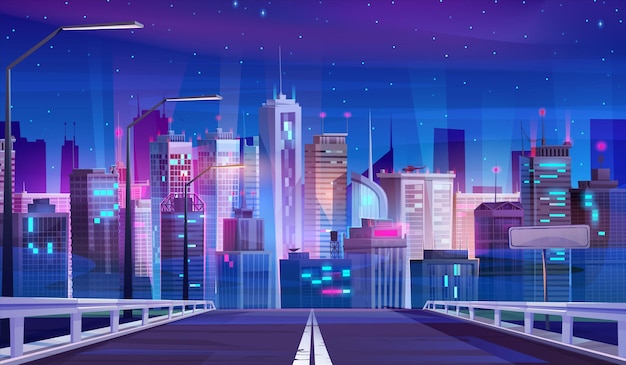 Free vector night road to city neon skyline landscape vector background urban business skyscraper building panorama modern metropolis downtown architecture and big highway with fence environment concept