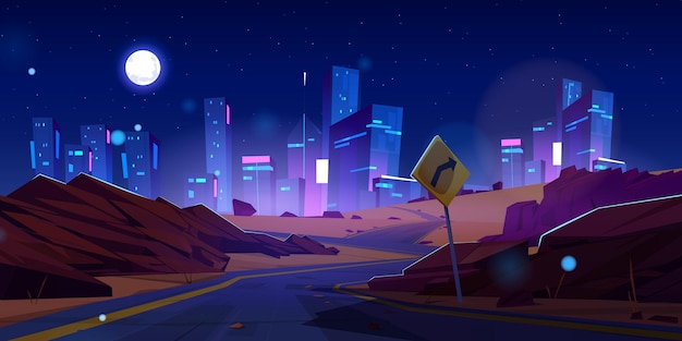 Free vector night road to neon city building futuristic vector background light cityscape view and asphalt highway empty route to usa skyscraper downtown modern speed sign for urban traffic panorama concept