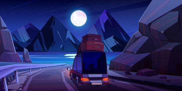 Night road trip by car family travel on auto with bags on roof driving at mountains highway with beautiful seaview landscape under full moon Summer journey to ocean Cartoon vector illustration