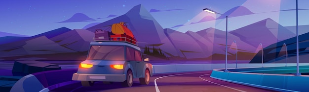 Free vector night road trip by car family travel on auto