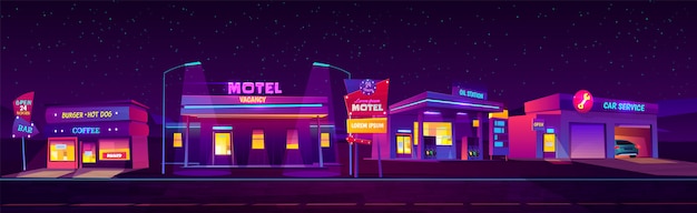 Бесплатное векторное изображение Ночной придорожный мотель со светящейся парковкой, автозаправочной станцией, бургером и кафе-баром и автосервисом