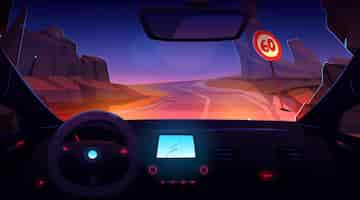 Free vector night rocky mountain road car drive inside view