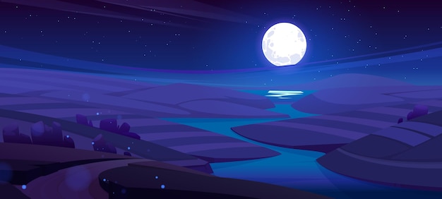 Notte rustico prato paesaggio campo rurale fiume e strada sterrata sotto il cielo stellato blu scuro con la luna piena e le stelle che si riflettono nell'acqua paesaggio di terreni agricoli campagna natura cartoon sfondo vettoriale