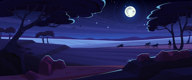 Ночной пейзаж саванны, естественный африканский фон с силуэтами стаи гиен пробегает поле с деревьями под темным звездным небом с полной луной, игровая сцена, векторные иллюстрации шаржа