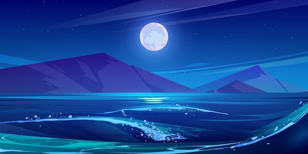 Night scene of sea with waves mountains on horizon full moon\
and stars in sky vector cartoon illustration of nature landscape of\
lake or ocean coastline with rocks at midnight