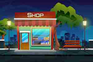 Free vector night scene with beverage shop in park cartoon cityscape with outdoor