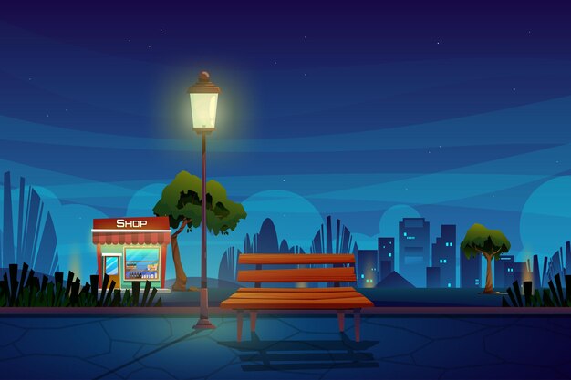 Night scene with beverage shop in park cartoon cityscape with outdoor