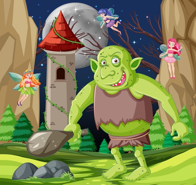 Night scene with goblin or troll cartoon character