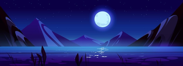 Night scene with lake, mountains, moon