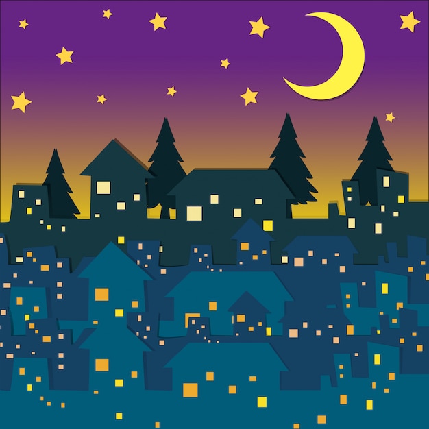 Free vector night scene with many houses