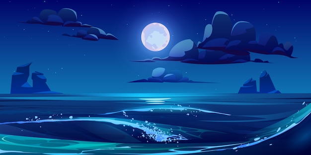 Night sea landscape with moon, stars and clouds