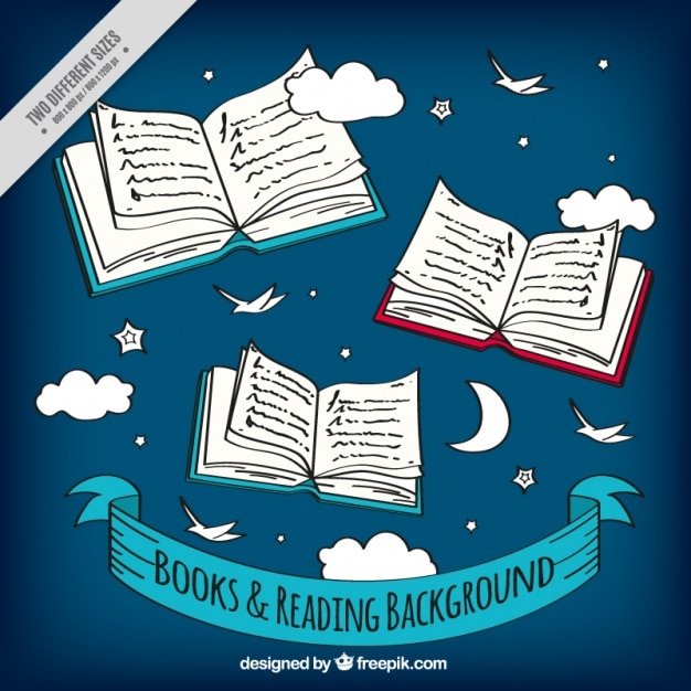 Free vector night sky background with sketches of books