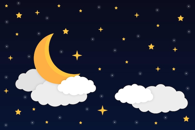 Free vector night sky with a crescent moon shiny stars and clouds