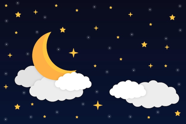 Ночное небо с полумесяцем, блестящими звездами и облаками