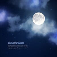 Night sky with moon and clouds abstract background. romantic bright nature, moonlight and galaxy, vector illustration