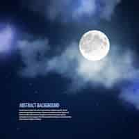 Free vector night sky with moon and clouds abstract background. romantic bright nature, moonlight and galaxy, vector illustration