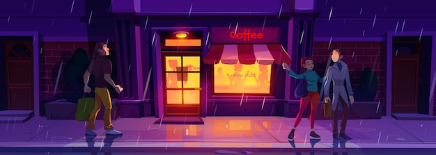 Бесплатное векторное изображение Ночной уличный бар в силуэте людей дождя расслабляется