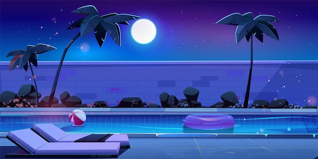 열대 여름 리조트의 야간 수영장  ⁇ 터 만화 일러스트레이션 물 표면에 떠다니는 부풀어 오르는 공과 고무 반지 수영장 갑판에 있는 체이스 라운지 어두운 하늘의 달과 별