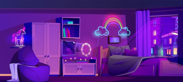 Free vector night teen bedroom with neon light vector cartoon illustration girl bed in cyber studio with rainbow lamp cupboard armchair mirror bulb and moonlight from window purple empty house design scene