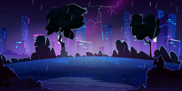 Free vector night thunderstorm with rain and lightning in city