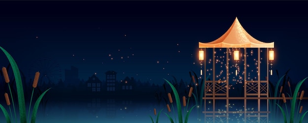 어두운 숲과 도시 경관을 배경으로 하고 날아다니는 반딧불이 평평한 벡터 삽화가 있는 강이나 호수 둑에 등불이 있는 야간 풍경 나무 정자