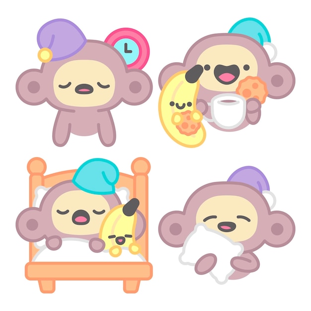 Free vector night time stickers collection with monkey and banana