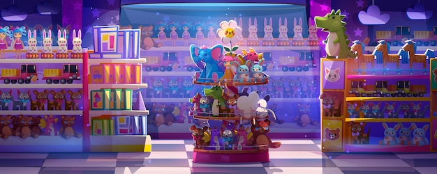 Ночной интерьер магазина игрушек с мультяшным фоном в центре внимания Волшебная векторная карусельная витрина с коллекцией детских подарков Бизнес-детский супермаркет внутри иллюстрации с загадочным светом на полу