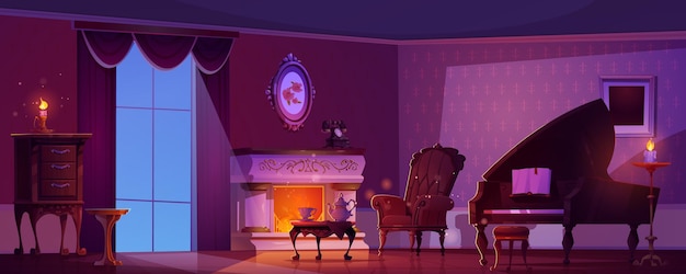 Бесплатное векторное изображение Ночной викторианский интерьер винтажная мебель для комнаты