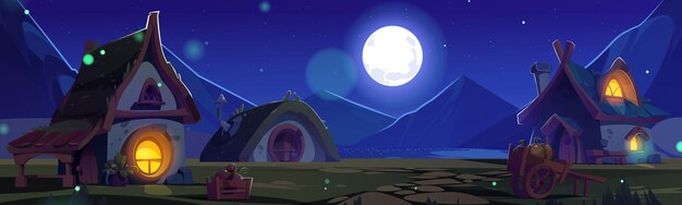 Free vector night village scene with cute fantasy dwarf house