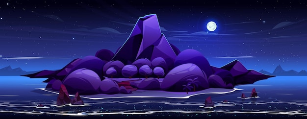 Night volcano island in ocean cartoon vector background exotic tropical isle beach near palm tree starry sky and full moon light beautiful volcanic mountain in forest game design rock in sea water