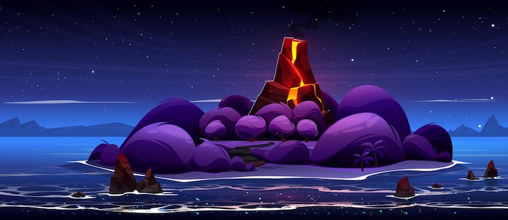 Free Vector night volcano island in ocean cartoon vector background magma eruption glow on exotic tropical isle beach near palm tree beautiful volcanic lava steam in forest game design rock in sea water