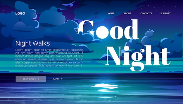 Night walks banner. travel tour of evening walking on ocean beach