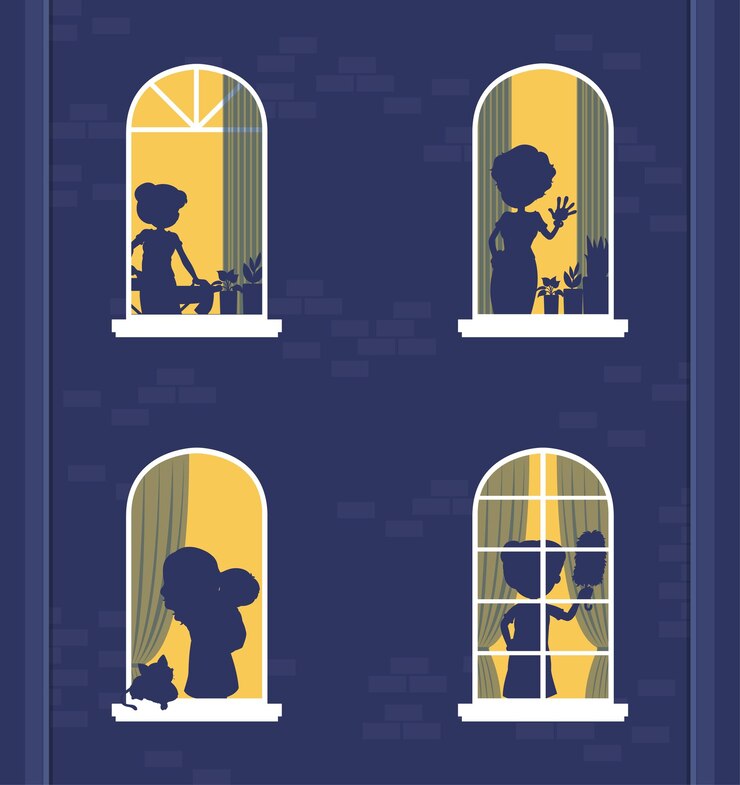Free Vector night windows building with people silhouettes