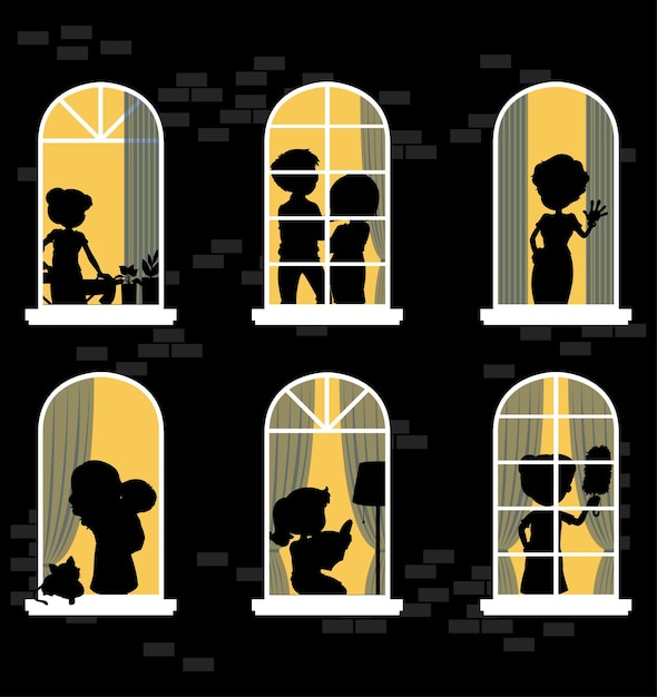 Free vector night windows building with people silhouettes