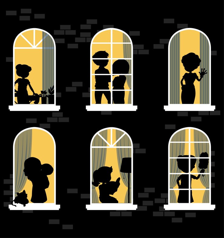 Free Vector night windows building with people silhouettes
