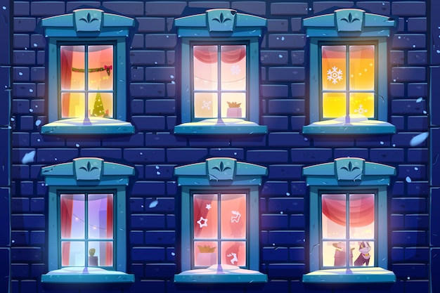 無料ベクター クリスマスと新年の装飾が施された家や城の夜の窓
