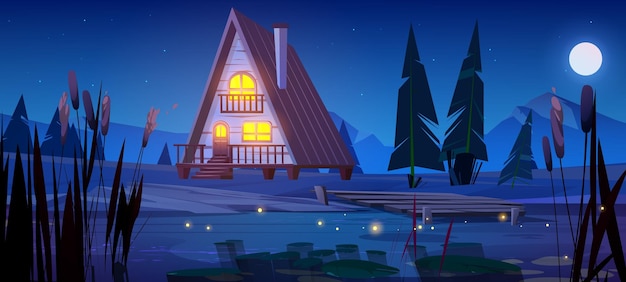 Casa di legno notturna vicino al lago di montagna illustrazione vettoriale cartoon di accogliente capanna glamping con luce gialla nelle finestre e molo portico sopra abeti acqua ed erba luna piena splendente nel cielo stellato